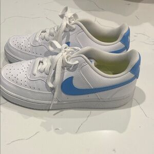 Nike White and Sky Blue Court Vision Low